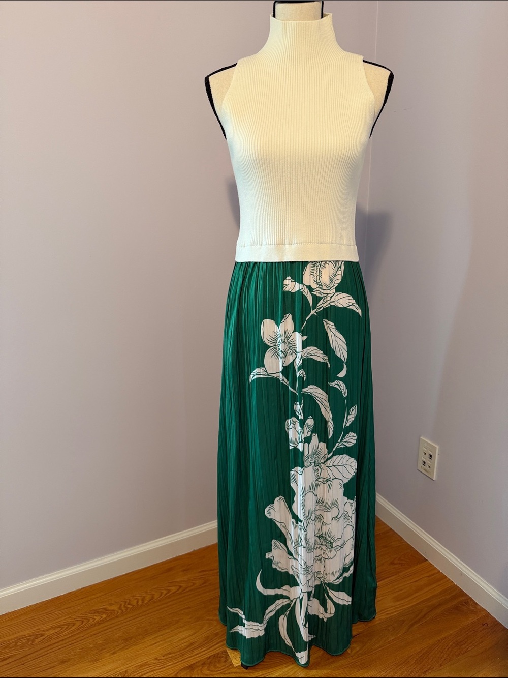 Anthropologie Cream and Green Maxi Dress with White Floral Print